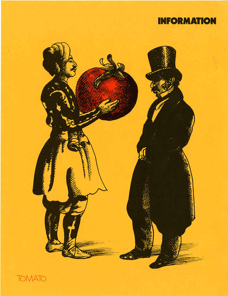 Man in turban with a giant tomato standing opposite man in top hat